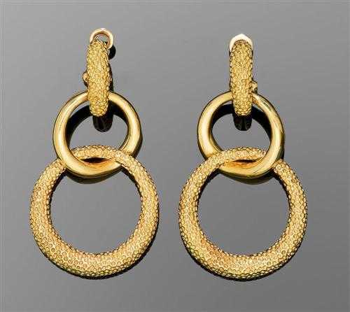 Appraisal: GOLD PENDANT EARRINGS France ca Yellow gold g Decorative clip