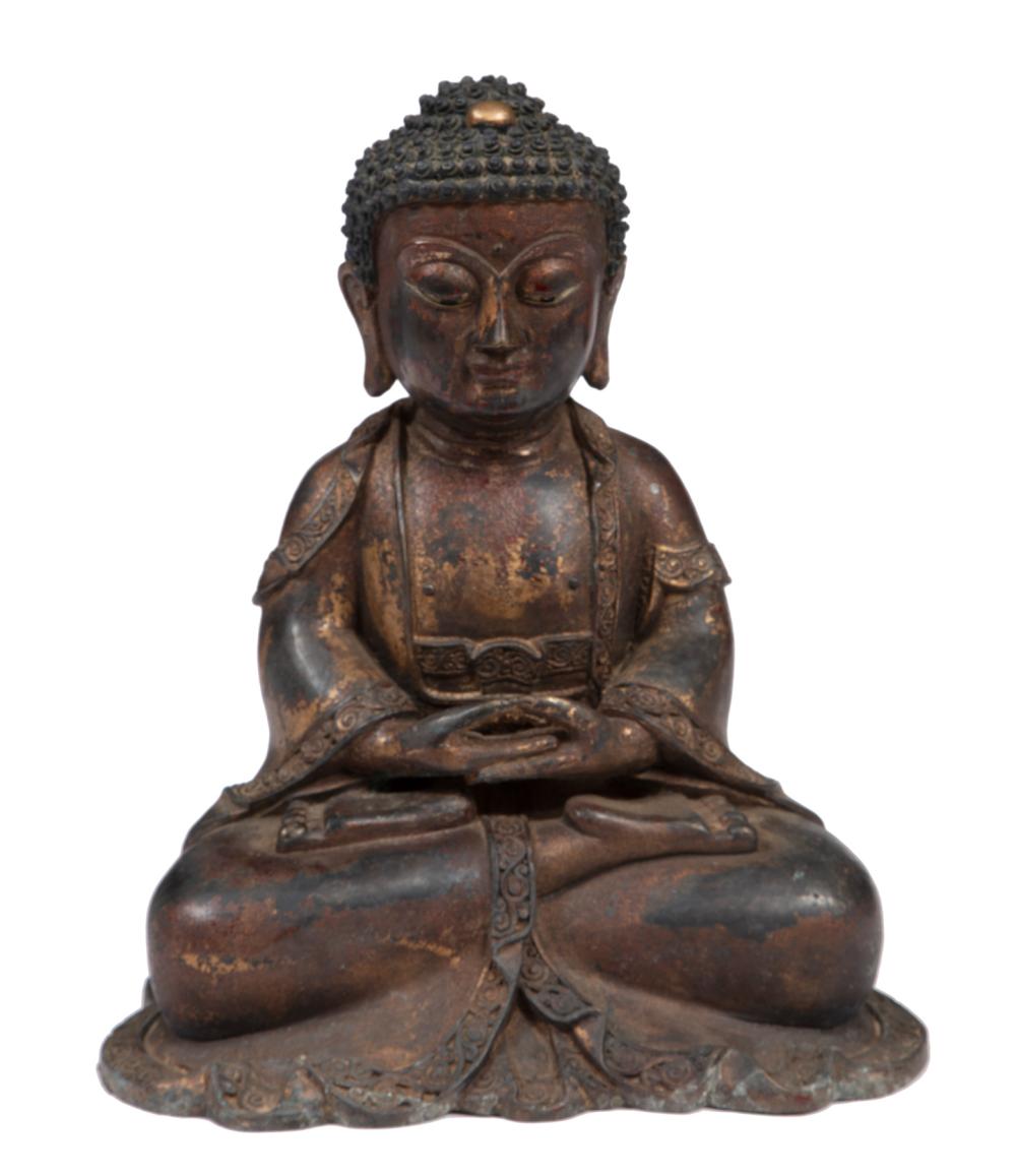 Appraisal: CHINESE PARTIAL GILT BRONZE BUDDHAChinese Partial Gilt Bronze Buddha modeled