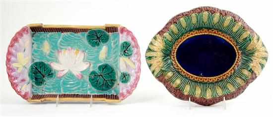 Appraisal: Majolica serving dishes water lily pattern rectangular tray-form dish H