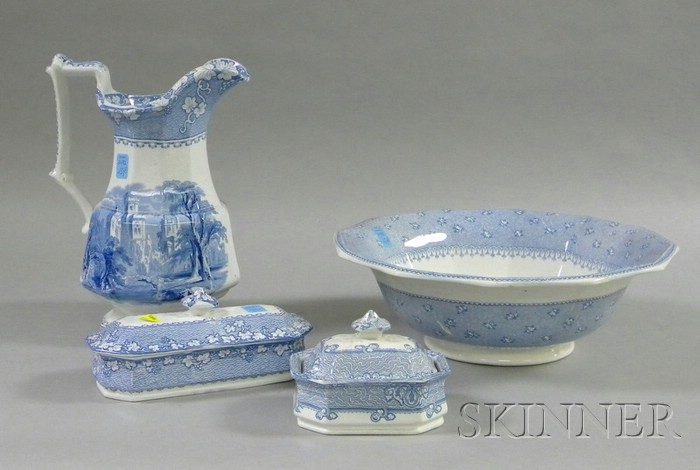 Appraisal: Four Blue and White Ironstone Toilet Items a Longport Garden