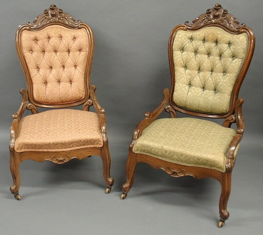 Appraisal: Pair of Victorian carved walnut chairs with tufted upholstery h