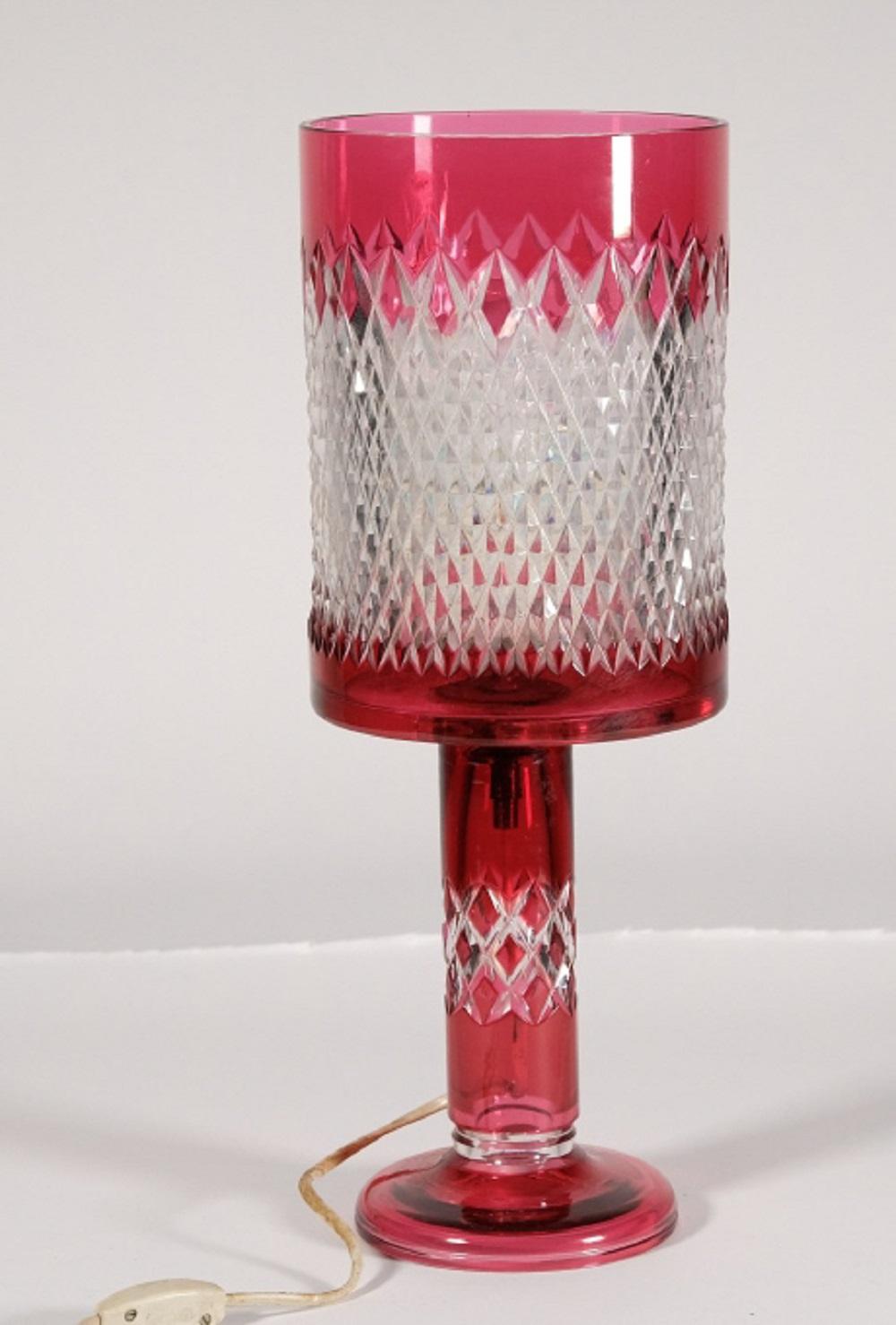 Appraisal: CRANBERRY DIAMOND POINT GLASS TABLE LAMPProbably Bohemian cranberry cut to