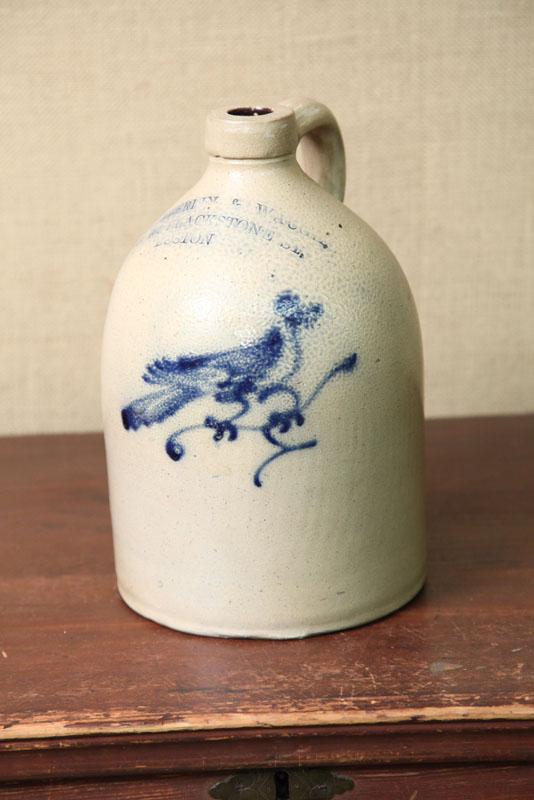 Appraisal: STONEWARE JUG With cobalt bird decoration and impressed ''Chamberlain Waugh