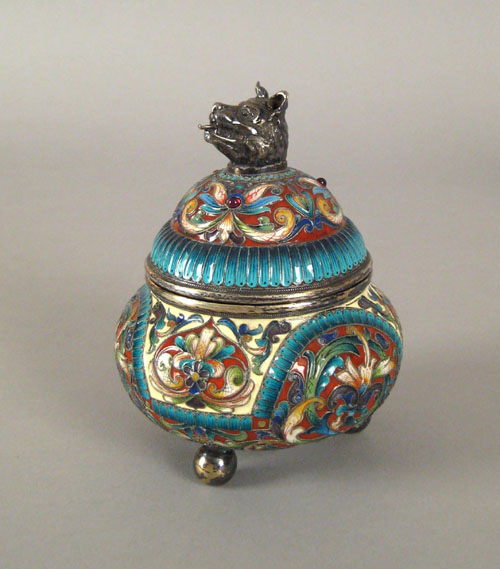 Appraisal: Russian silver and enamel covered sugar with wolf head finial