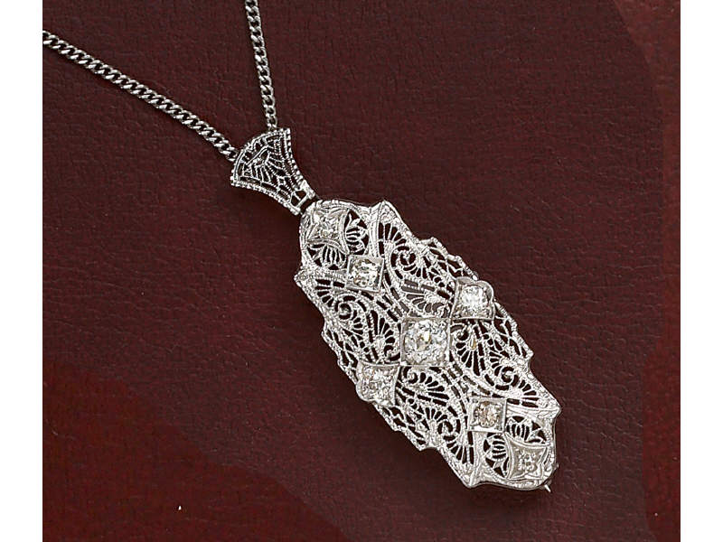 Appraisal: DIAMOND FILIGREE PENDANT BROOCH k white gold bar style set