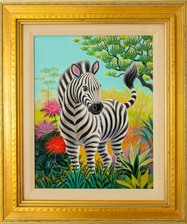 Appraisal: CHIN JUNGLE LANDSCAPE WITH ZEBRA ACRYLIC ON BOARD K Chin