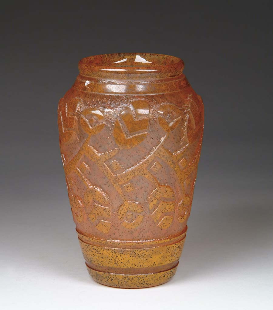 Appraisal: DAUM NANCY DECO VASE Internally decorated orange with black speckles