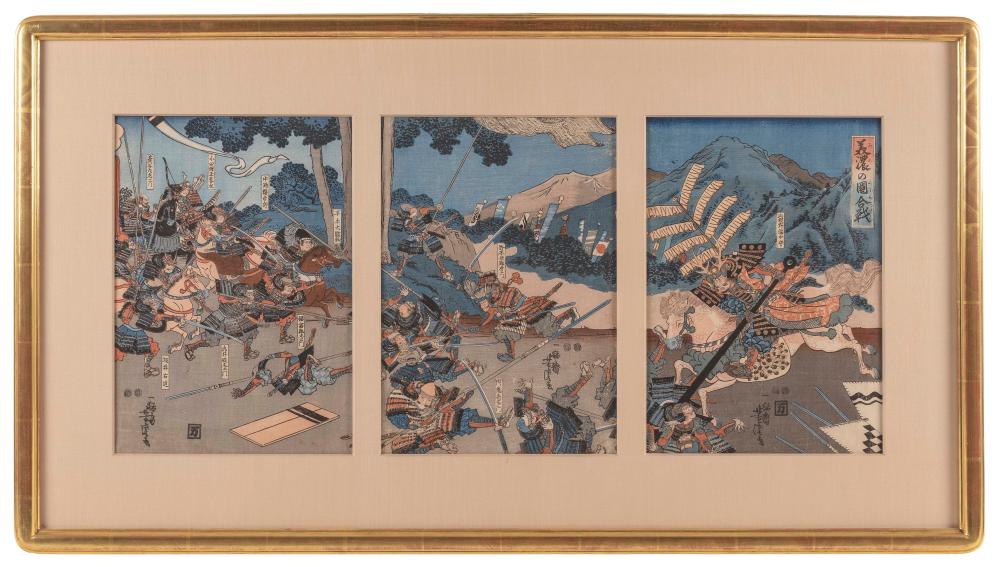 Appraisal: UTAGAWA YOSHITORA JAPAN - TRIPTYCH BATTLE OF MINO CIRCA OBAN