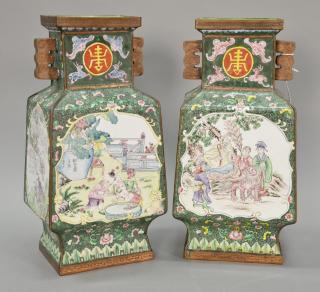 Appraisal: Pair enameled vases square form decorated with panels of children