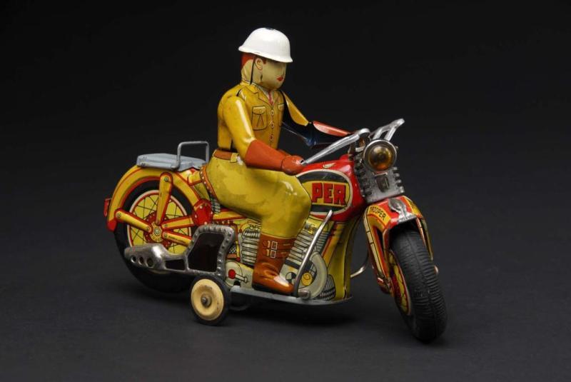 Appraisal: Tin Trooper Motorcycle Friction Toy Description Japanese Working but needs