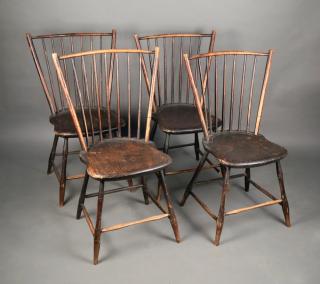 Appraisal: Four Black Painted Primitive Windsor Side Chairs late thc Shaped