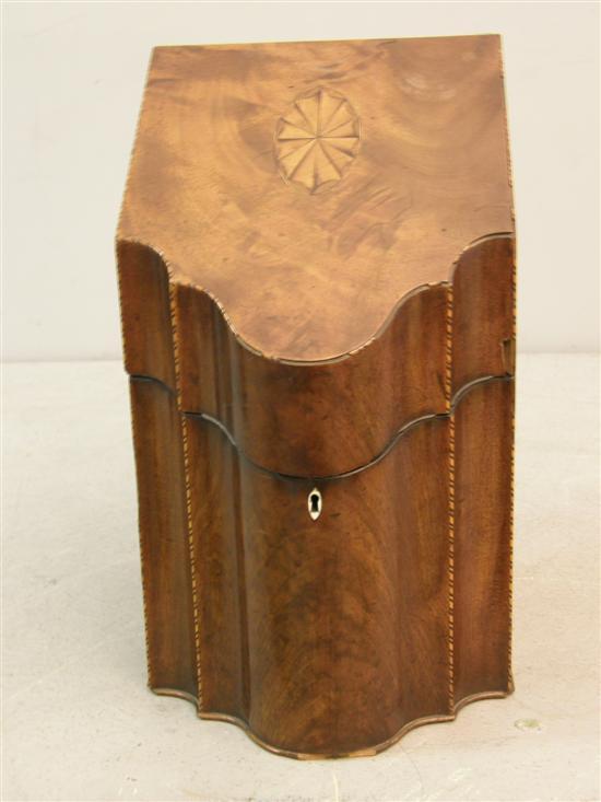 Appraisal: th century mahogany serpentine slope front knife box box wood