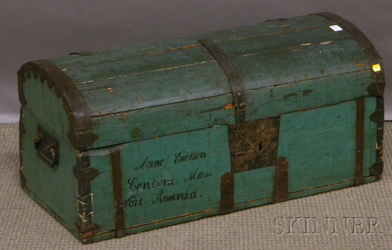 Appraisal: Iron-bound Green-painted Wood Dome-top Trunk the front panel inscribed Anne