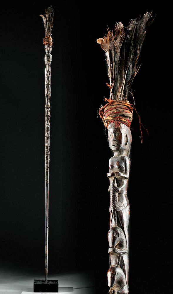 Appraisal: th C Sumatran Batak Wood Shaman Staff w Feathers Originally