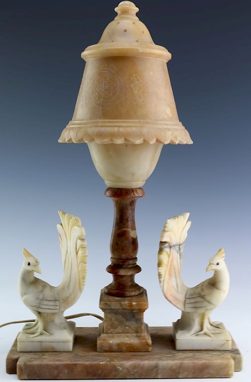 Appraisal: Vintage Alabaster Marble Peacock Boudoir Lamp Vintage carved stone dresser