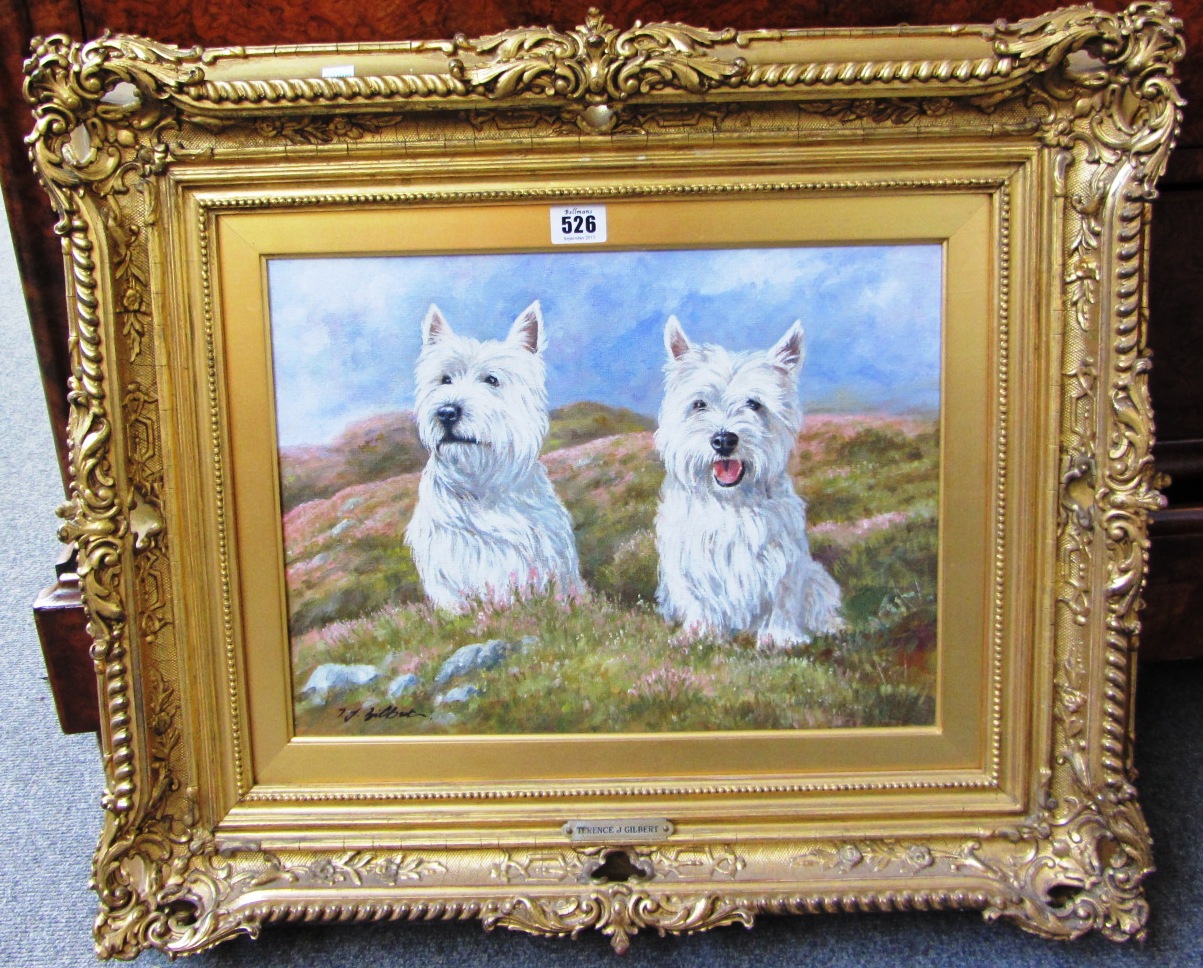 Appraisal: Terence J Gilbert b Terriers oil on canvas signed cm