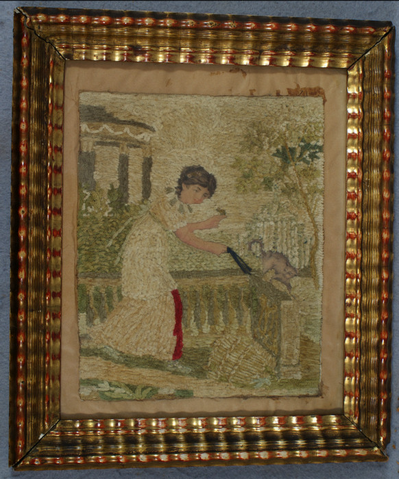 Appraisal: Silk and watercolor embroidered panel young girl with cat x