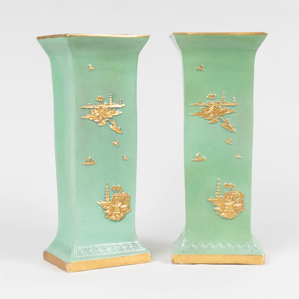 Appraisal: Pair of English Green Glazed and Parcel-Gilt Porcelain Beaker Vases