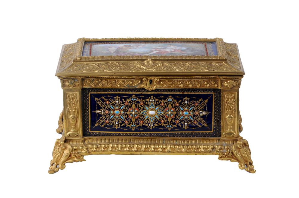 Appraisal: FRENCH GILT BRONZE ENAMEL PORCELAIN DECORATED JEWELRY BOXLate th century