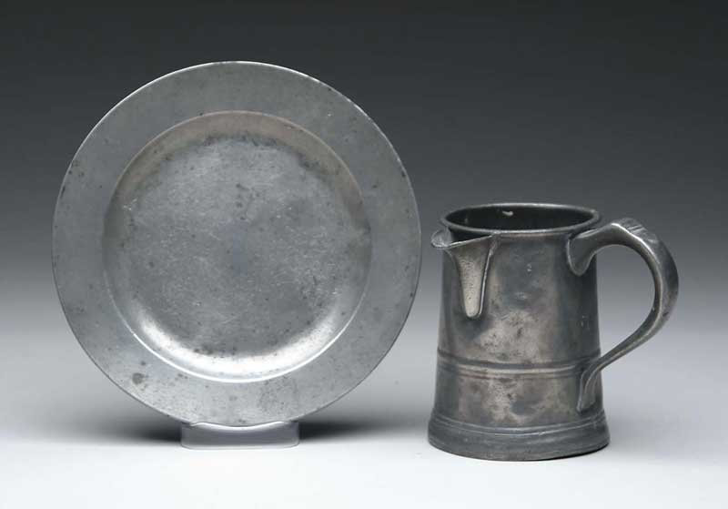 Appraisal: SIDE HANDLED PEWTER TANKARD WITH POURING SPOUT Engraved on side