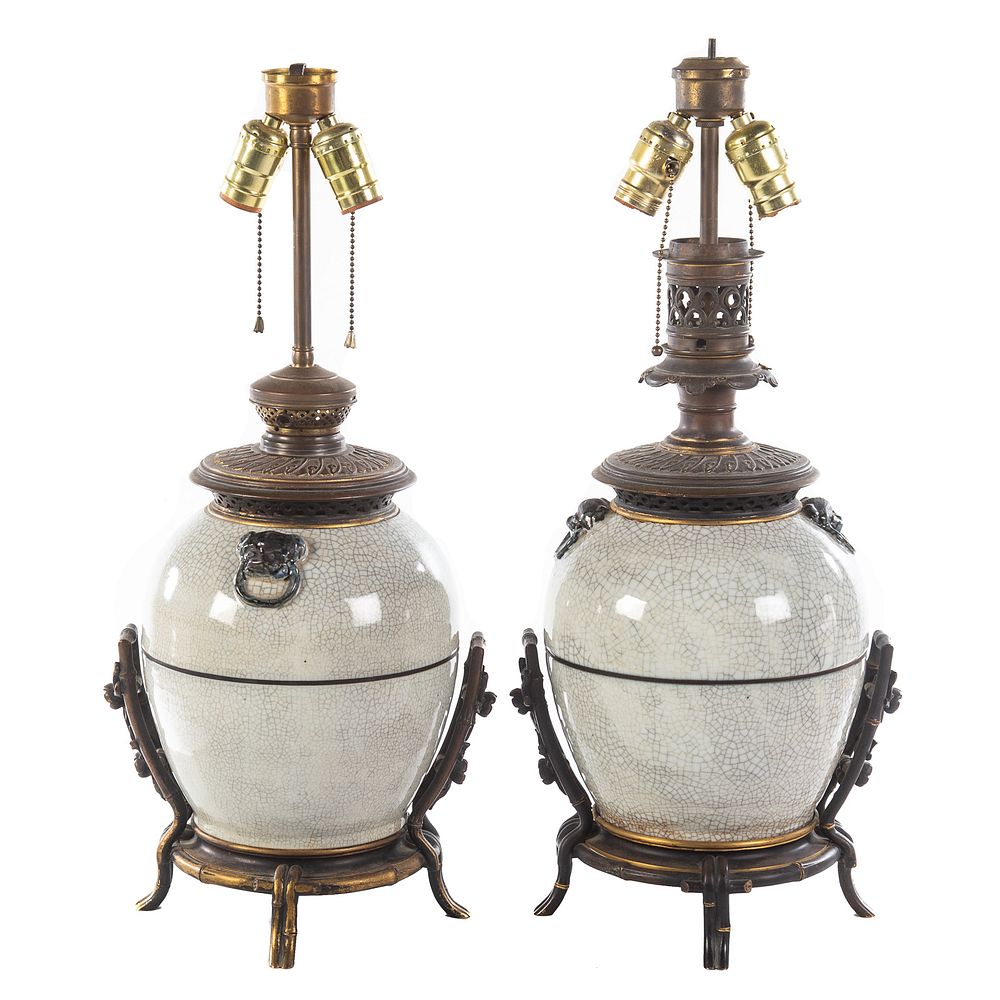 Appraisal: Pair Chinese Grey Crackle Glazed Vase Lamps Second half th