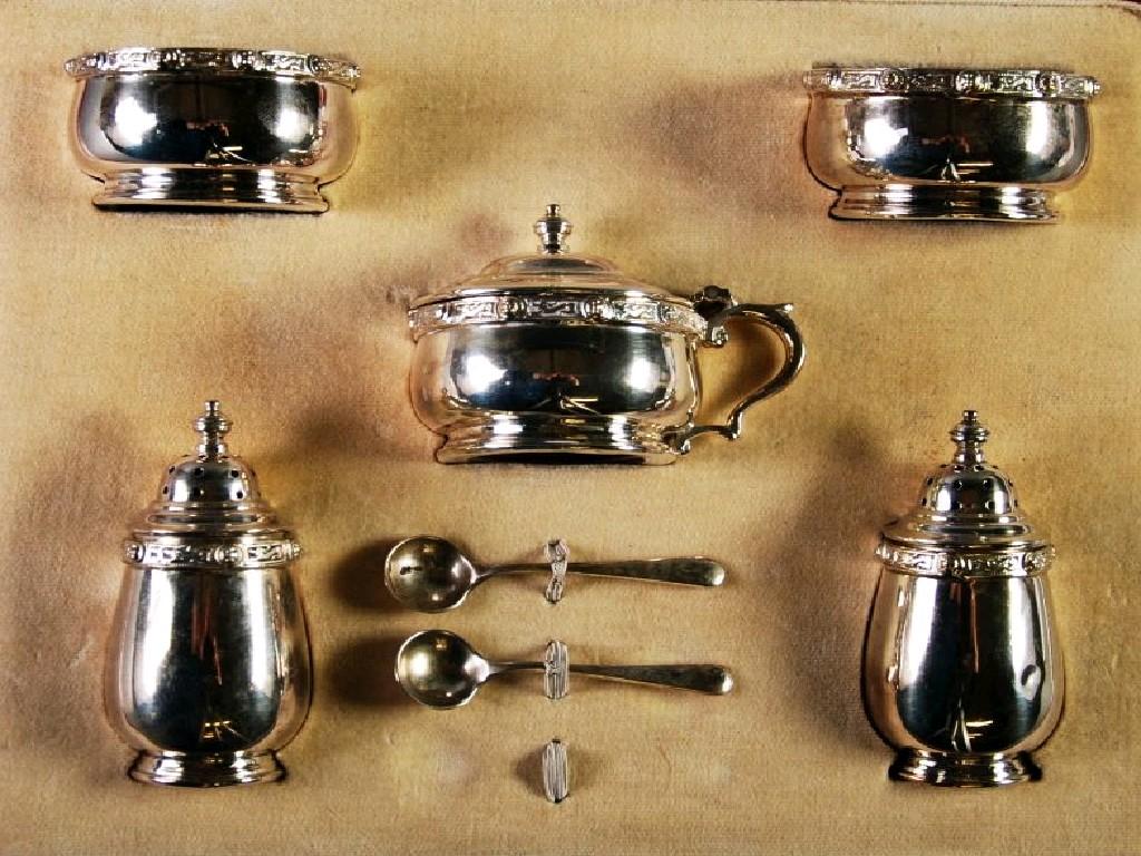 Appraisal: CASED SILVER CONDIMENT SET OF MUSTARD POT A PAIR OF