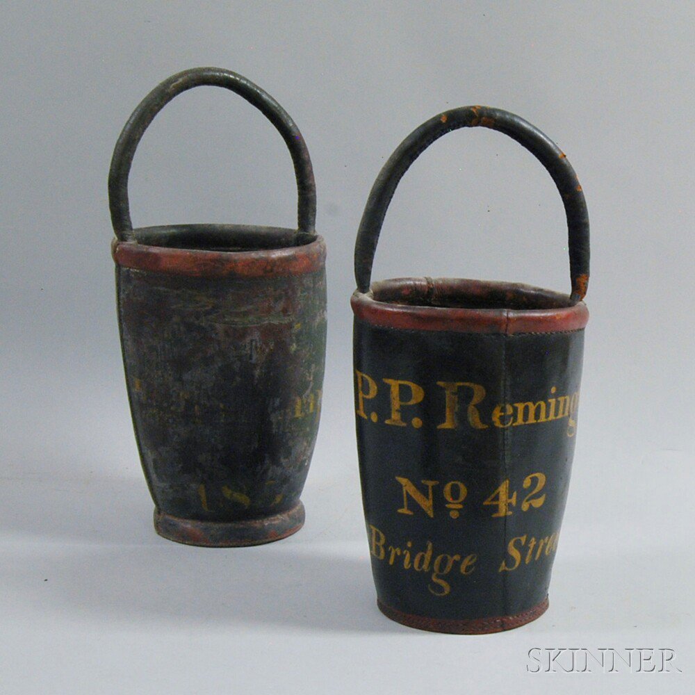 Appraisal: Two Painted Leather Fire Buckets America th century one inscribed