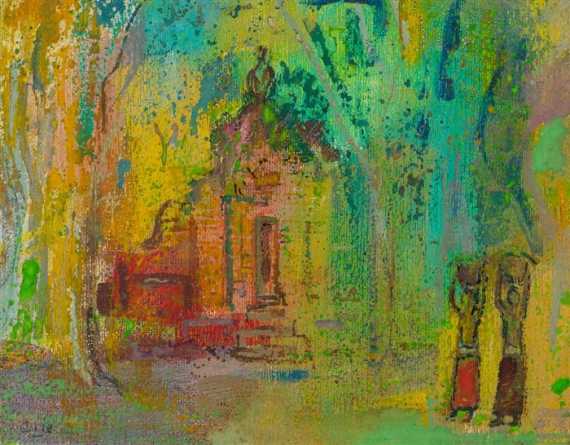 Appraisal: A PAINTING OF A TEMPLE IN THE RAINFOREST BY ARIE