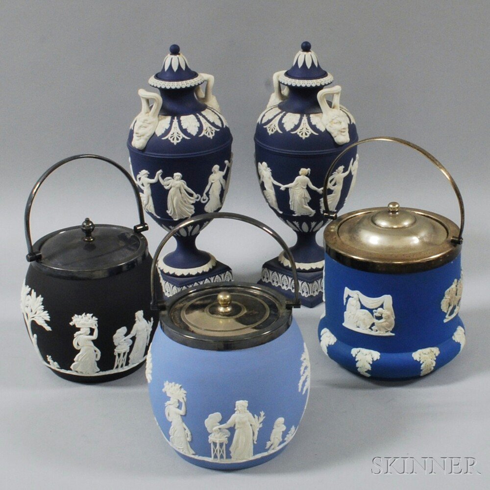 Appraisal: Five Wedgwood Jasper Items three biscuit jars one black one