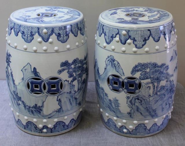 Appraisal: Pair of Chinese Blue and White Barrel Seats Probably circa