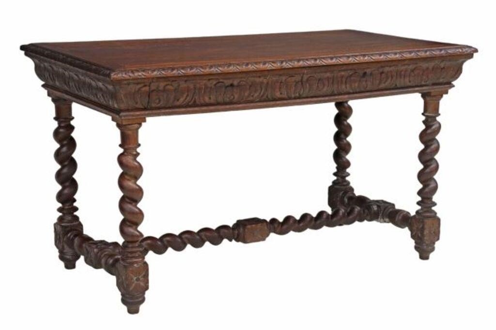 Appraisal: English oak barley twist table th c top with carved