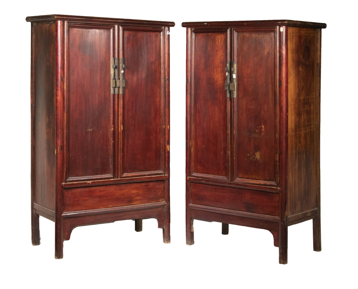 Appraisal: PR CHINESE ELMWOOD CABINETS Pair of Red Stained Cabinets each