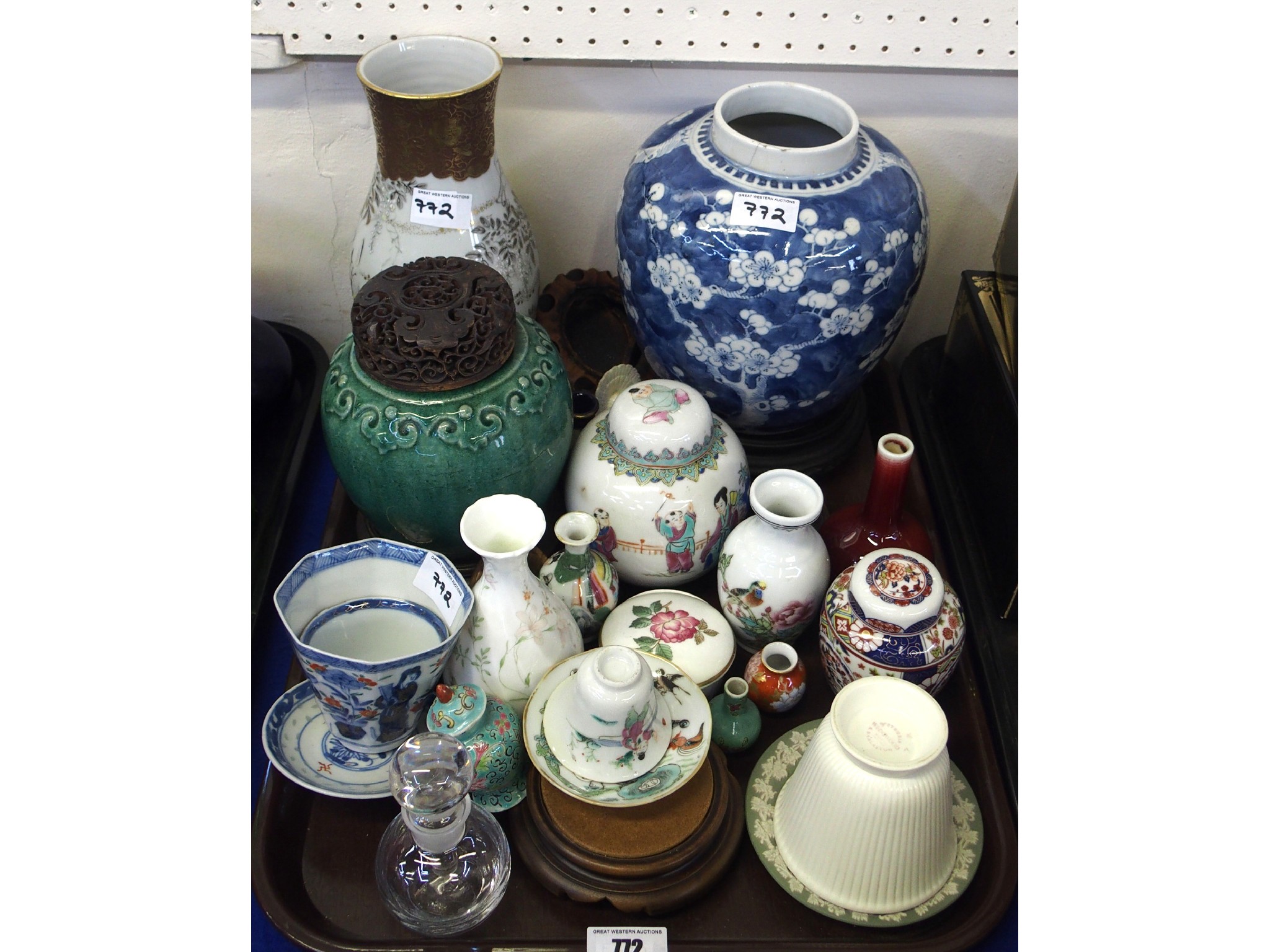 Appraisal: Tray comprising various Asian porcelain table articles including prunes blue