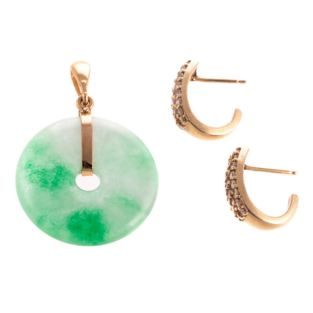 Appraisal: A Pair of Diamond Pave Earrings and Jade Pendant K