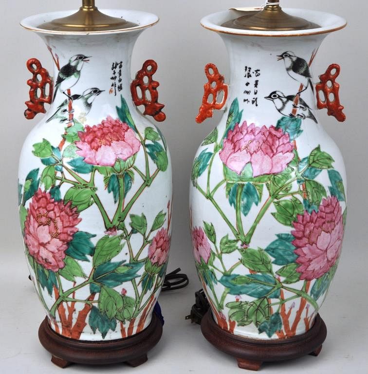 Appraisal: Pair Chinese Porcelain Famille Rose Vases as lamps with peony