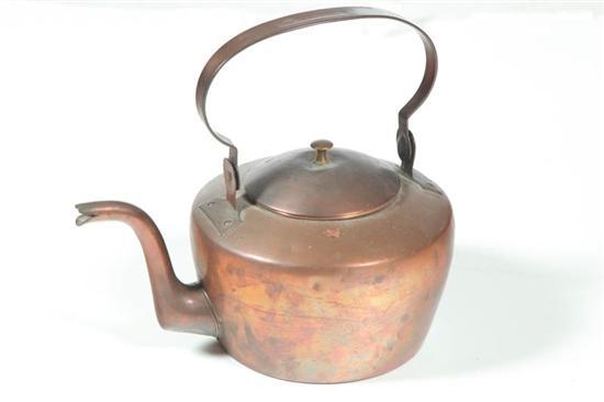 Appraisal: SIGNED COPPER TEA KETTLE American th century Dovetailed construction gooseneck