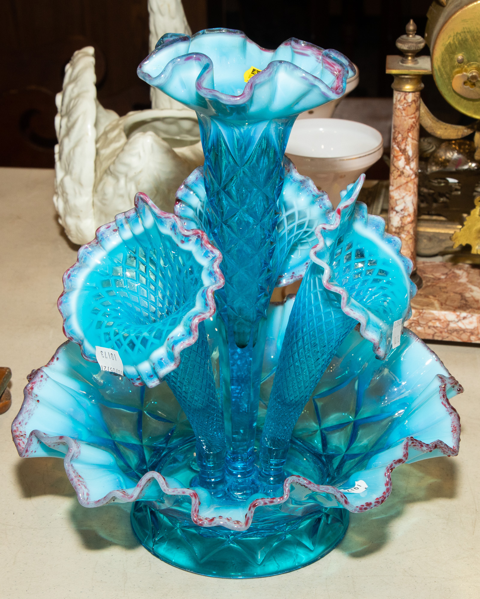 Appraisal: BLUE OPALESCENT GLASS EPERGNE Early th century