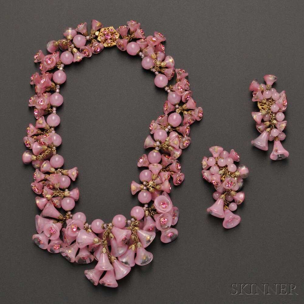 Appraisal: Miriam Haskell Pink Glass and Crystal Festoon Necklace and Earrings