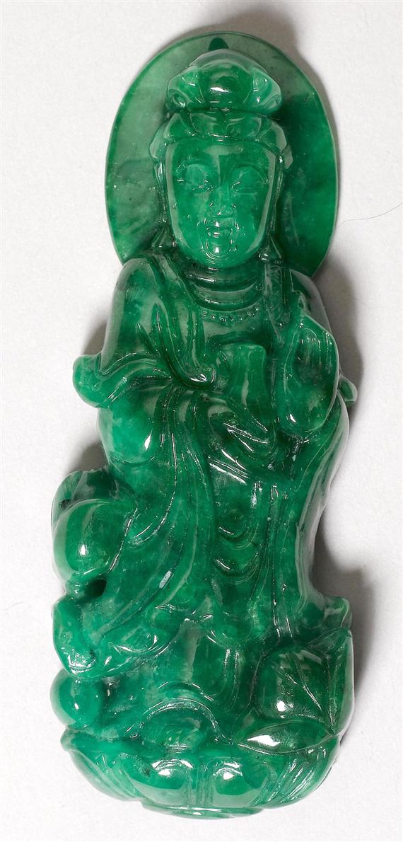 Appraisal: A GREEN JADE GUANYIN PENDANT China height cm