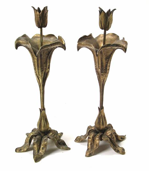 Appraisal: A pair of Art Nouveau style gilt bronze floriform candlesticks