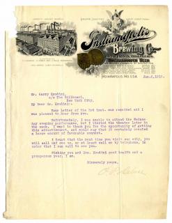 Appraisal: Indianapolis Brewing Co Typed Letter Signed to Harry Houdini Indianapolis