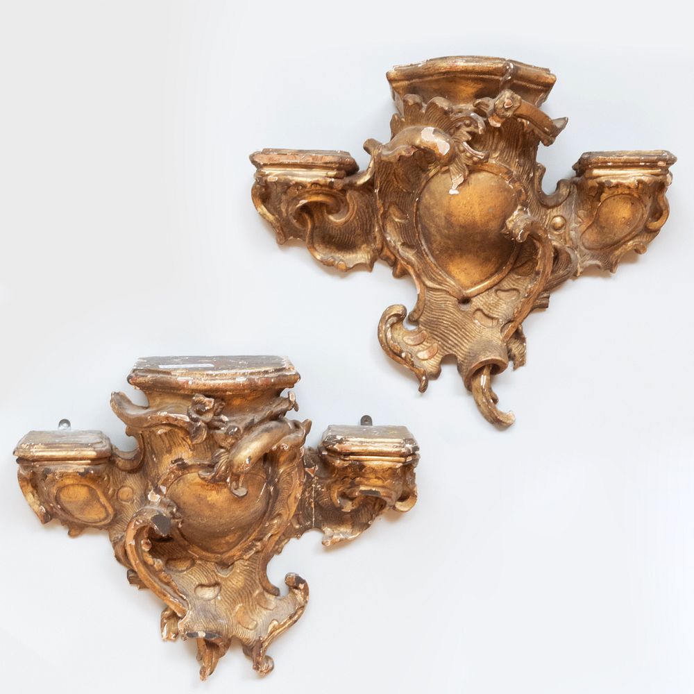 Appraisal: Pair of Italian Baroque Giltwood Brackets x x in Condition