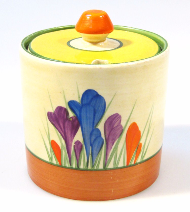 Appraisal: A Clarice Cliff Bizarre crocus pattern preserve jar and cover