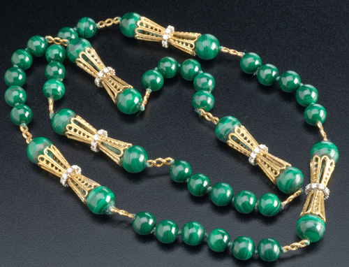 Appraisal: Malachite bead necklace with k gold and diamond spacers ca