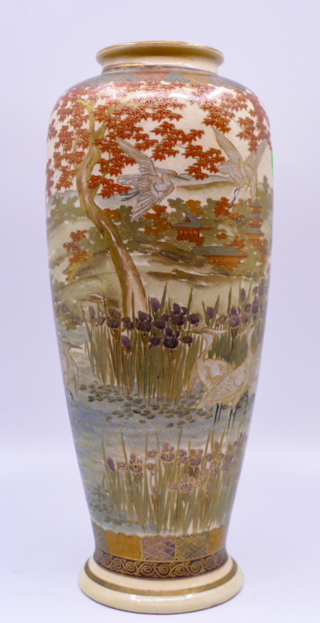 Appraisal: Vintage Japanese Satsuma Tall Crane Vase- ''