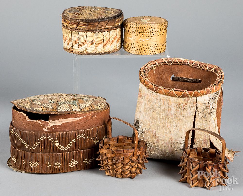 Appraisal: Native American baskets and quillwork boxes Native American baskets and