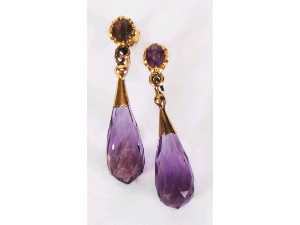 Appraisal: PAIR OF ct GOLD AND AMETHYST DROP EARRINGS tear shaped