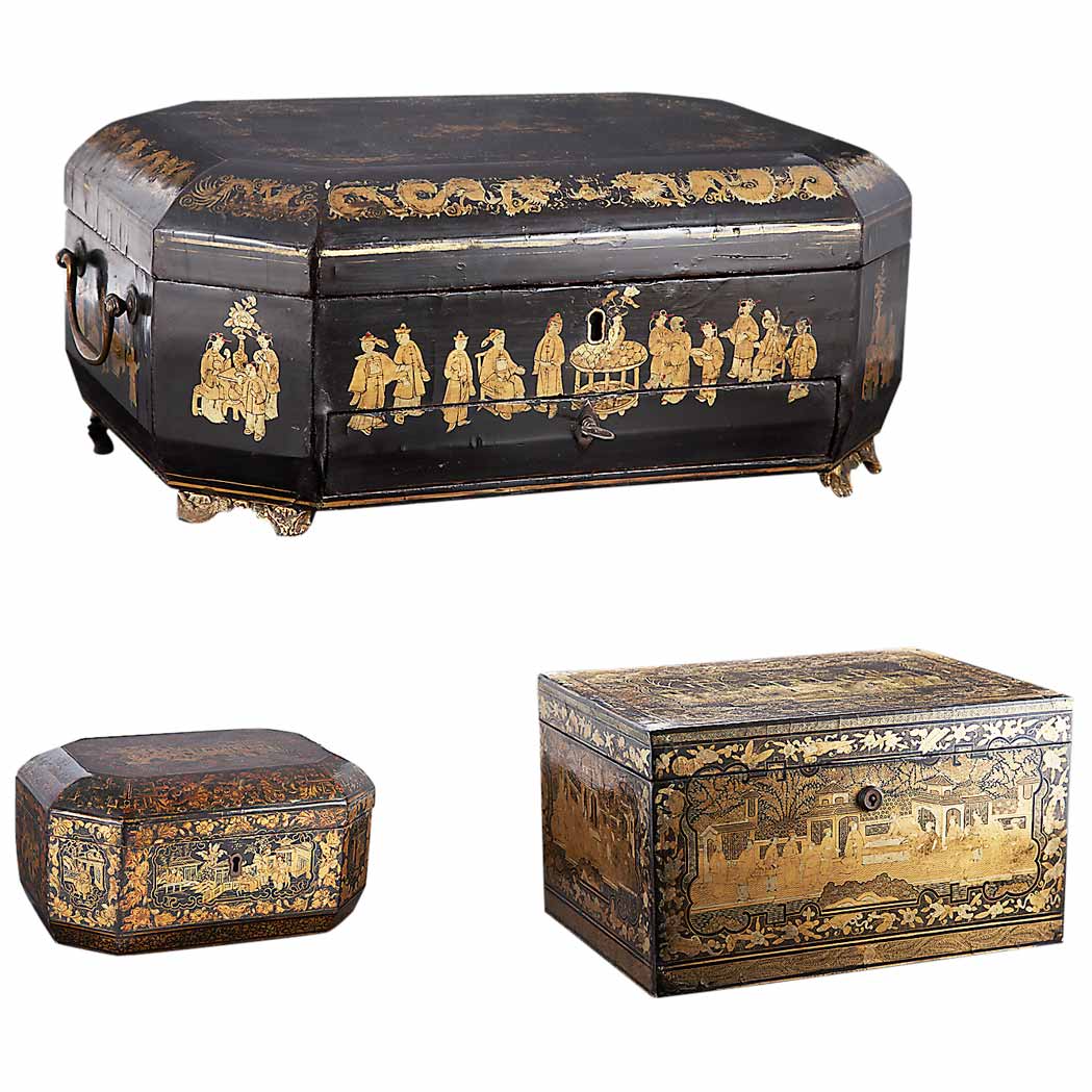 Appraisal: Group of Three Chinese Gilt Decorated Black and Brown Lacquered