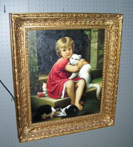 Appraisal: Oil Painting - Girl in Garden with Cats Framed oil