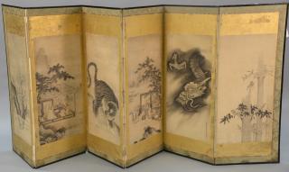 Appraisal: Six fold Japanese Byobu screen watercolor on paper having panels